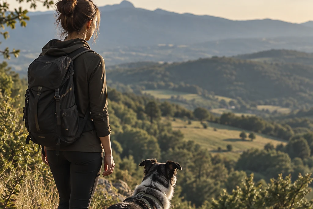 Una persona e il suo cane osservano insieme un ampio paesaggio montano durante un’attività in natura