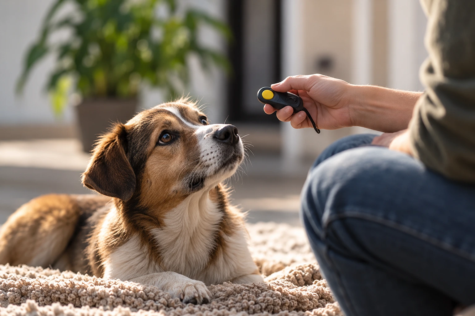 Un cane osserva con attenzione il clicker tenuto dalla persona durante un esercizio individuale e tranquillo