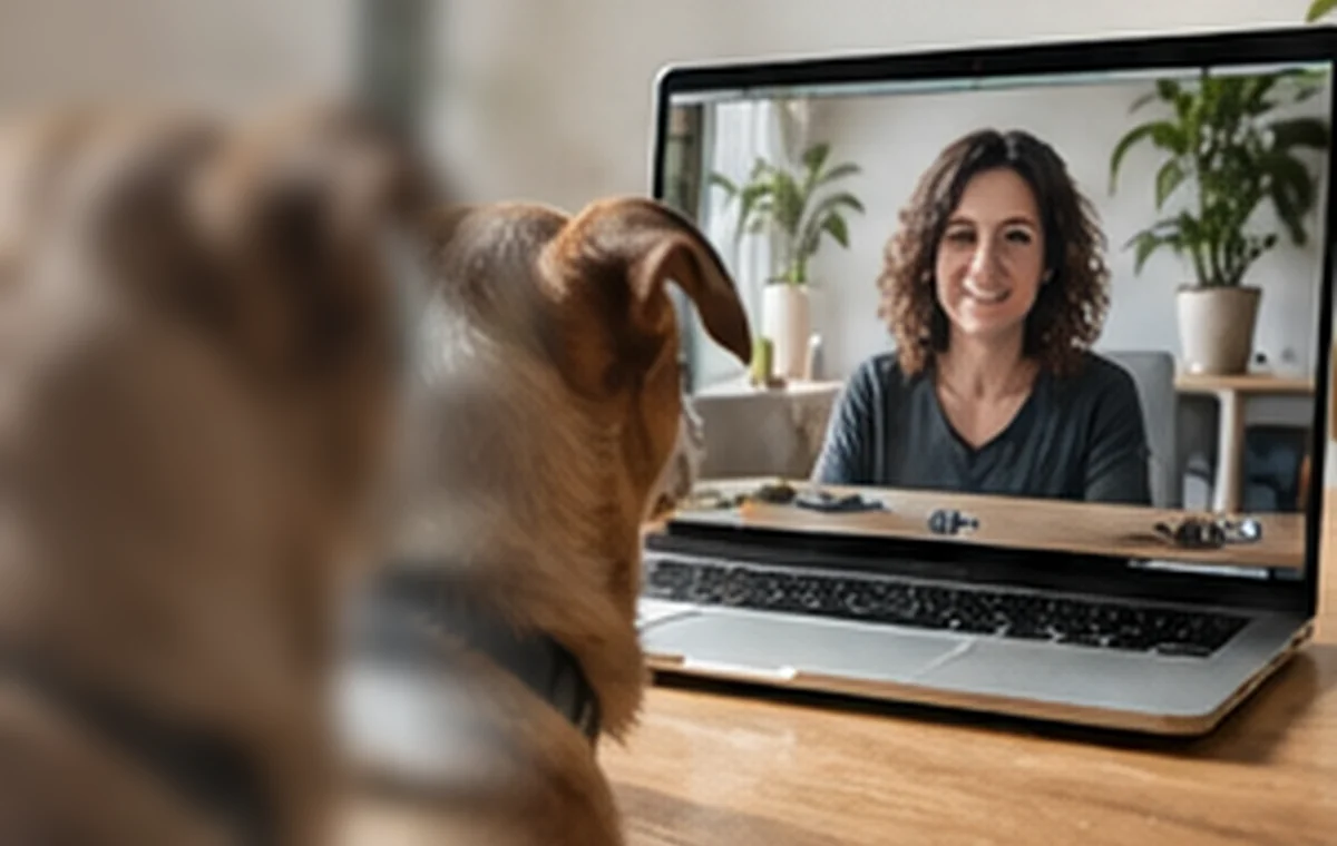 Un cane osserva una professionista durante una videochiamata